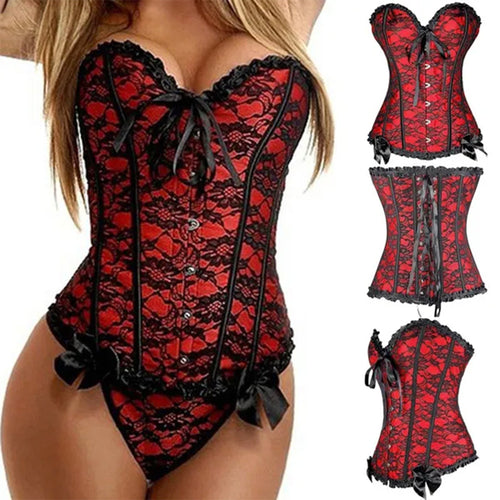 Women Boned Lace Up Back Bustier Top Corset Sexy Bodysuit