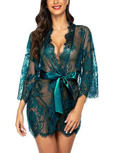 Load image into Gallery viewer, Women Lace Kimono Robe Babydoll Sheer Nightgown Set