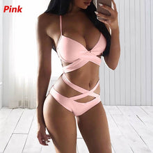 Load image into Gallery viewer, 2 Pcs Women&#39;s Sexy Cut-out Halter Bathing Suits Push Up Monokini Swimsuit Bandage Swimwear