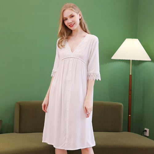 Women Spring Summer Nightgown Long Vintage Loose Homewear