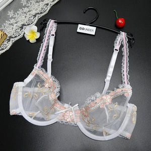 Women Bra Set Unlined Unpadded Lace Lingerie Panty Hollow Mesh Bralette