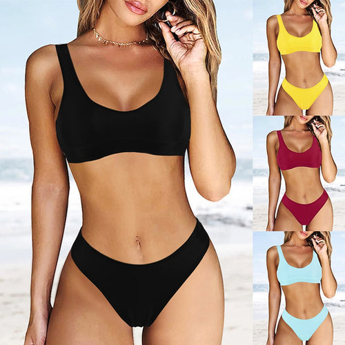 Women 2 Piece Bathing Suits Pure Color Sexy Bikini Split Swimsuit Suit (suggest buy 1 size larger)