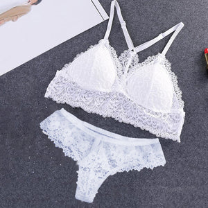 Fashion Women Deep-V Lace Bra Underwear Set Lace Tops and Panties Two Pieces Bikini Sets