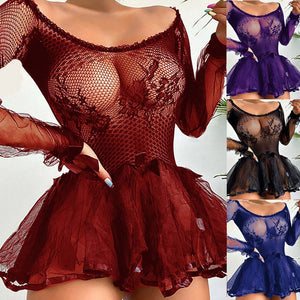 Women Sexy Lace Sheer Mesh Bodysuit Set