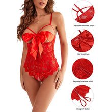 Load image into Gallery viewer, Women Lace See-through Slim Lingerie Onesie Lace-up Butterfly Knot Tight Open Crotch Catsuit Bodysuit Underwear Plus Size Babydoll Sleepwear Pajamas Lenceria Erotica Mujer Sexi Costumes