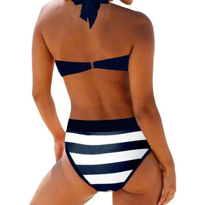 Women Split Bandeau Striped Printed Bikini Swimsuit