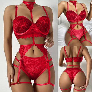 Women Lingerie Lace Floral Bustier Bra+G-String Panties Set