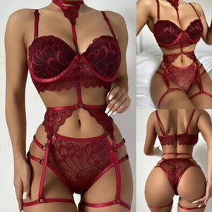 Women Lingerie Lace Floral Bustier Bra+G-String Panties Set