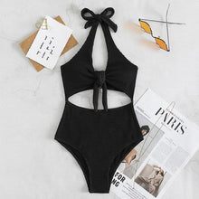 Load image into Gallery viewer, Swimsuit Summer Sexy Women Pure Color Hollow Backless One Piece Bow Tie Bathing Suit Swimwear