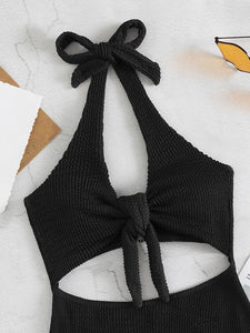 Swimsuit Summer Sexy Women Pure Color Hollow Backless One Piece Bow Tie Bathing Suit Swimwear