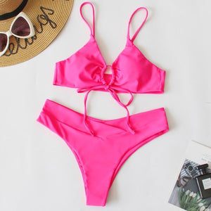 2023 new multi-color solid color tie split swimsuit female sexy bikini