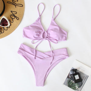 2023 new multi-color solid color tie split swimsuit female sexy bikini