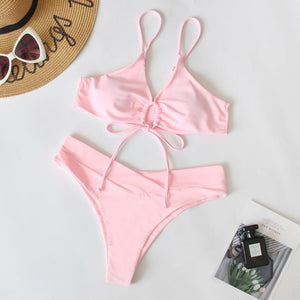 2023 new multi-color solid color tie split swimsuit female sexy bikini