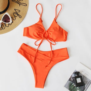 2023 new multi-color solid color tie split swimsuit female sexy bikini