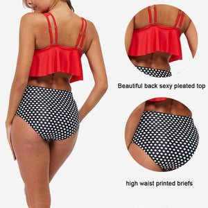 Fashion Bathing Suits Backless Print for Women Swimsuit Tankini Ruffle Tops High Waisted Tummy Control Bikini Set