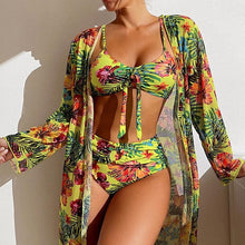 Load image into Gallery viewer, Sexy High Waisted Bikini Three Pieces Floral Printed Swimsuit Women Bikini Set With Mesh Long-Sleeved Blouse Size S-3XL 2023 New