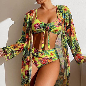 Sexy High Waisted Bikini Three Pieces Floral Printed Swimsuit Women Bikini Set With Mesh Long-Sleeved Blouse Size S-3XL 2023 New