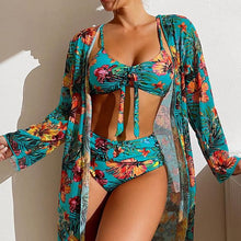 Load image into Gallery viewer, Sexy High Waisted Bikini Three Pieces Floral Printed Swimsuit Women Bikini Set With Mesh Long-Sleeved Blouse Size S-3XL 2023 New