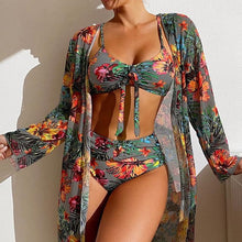 Load image into Gallery viewer, Sexy High Waisted Bikini Three Pieces Floral Printed Swimsuit Women Bikini Set With Mesh Long-Sleeved Blouse Size S-3XL 2023 New