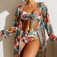 Load image into Gallery viewer, Sexy High Waisted Bikini Three Pieces Floral Printed Swimsuit Women Bikini Set With Mesh Long-Sleeved Blouse Size S-3XL 2023 New