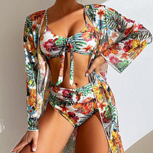 Load image into Gallery viewer, Sexy High Waisted Bikini Three Pieces Floral Printed Swimsuit Women Bikini Set With Mesh Long-Sleeved Blouse Size S-3XL 2023 New