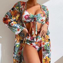 Load image into Gallery viewer, Sexy High Waisted Bikini Three Pieces Floral Printed Swimsuit Women Bikini Set With Mesh Long-Sleeved Blouse Size S-3XL 2023 New