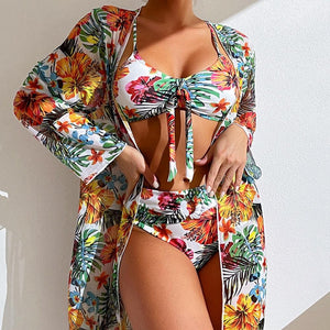 Sexy High Waisted Bikini Three Pieces Floral Printed Swimsuit Women Bikini Set With Mesh Long-Sleeved Blouse Size S-3XL 2023 New