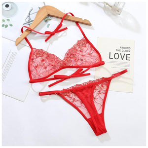 Women Mesh Embroidery Lingerie Strappy Bra Panties Set Sexy Cute