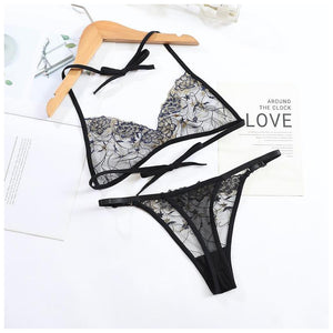 Women Mesh Embroidery Lingerie Strappy Bra Panties Set Sexy Cute