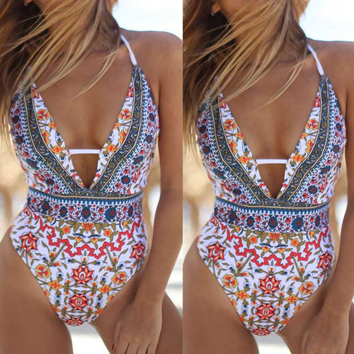 Women Swimsuit Fashion Printed Back Cross High Cut Bikini