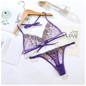 Women Mesh Embroidery Lingerie Strappy Bra Panties Set Sexy Cute