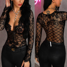 Load image into Gallery viewer, Women Low Cut Jumpsuit Bodysuit Sexy Sheer Lace Black