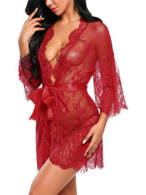 Load image into Gallery viewer, Women Lace Kimono Robe Babydoll Sheer Nightgown Set